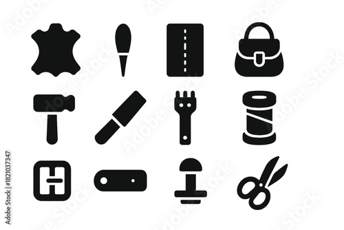 Leatherworking Tools Icons. Solid style icons of Artisan Leatherworking: Hide, Stitching Awl, Pattern, Finished Bag, Mallet,