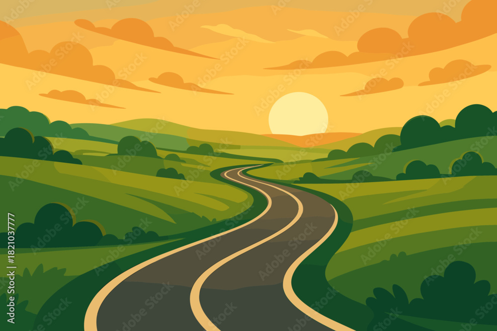 Fototapeta premium Countryside Road at Sunset. Scenic countryside road winding vector illustration through lush green fields under a golden sunset,