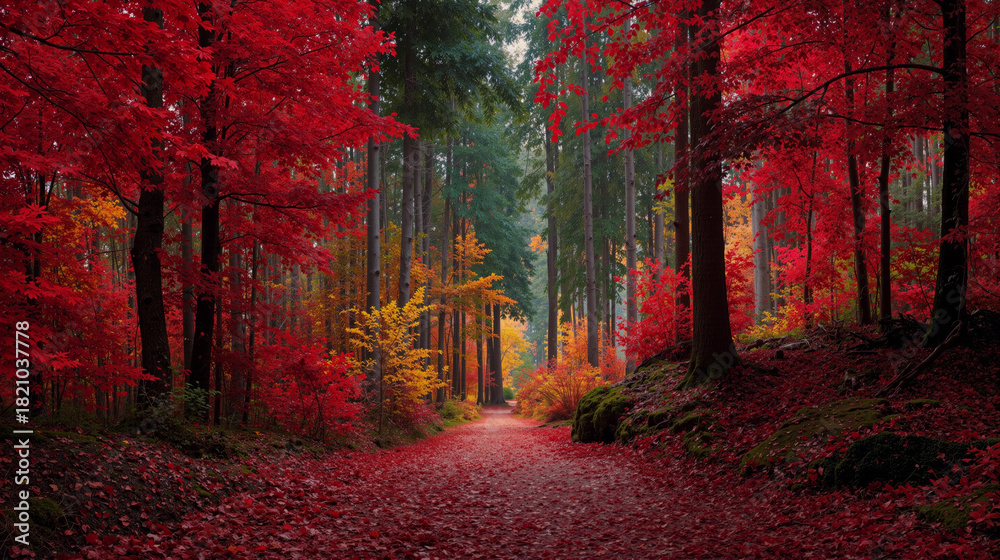Fototapeta premium Autumn forest path surrounded by vibrant red and yellow leaves showcases seasonal beauty and tranquility
