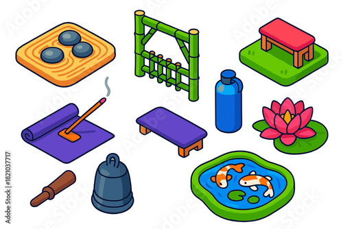 Zen Hiking Essentials. Isometric vector illustration set Hiking trails – zen rock garden, bamboo gate, meditation bench; yoga mat,