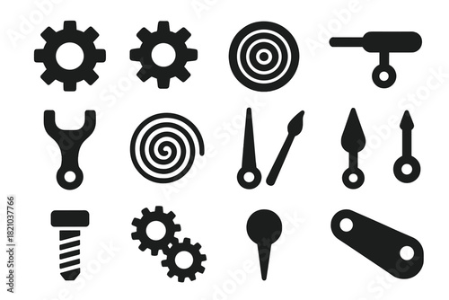 Mechanical Icon Set. Solid style icons of Mechanical precision: cogwheel, pinion, spring barrel, regulator index, pallet fork,