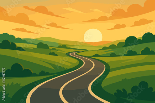 Countryside Road at Sunset. Scenic countryside road winding vector illustration through lush green fields under a golden sunset,