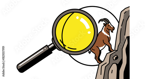 A cartoonish ibex is carefully inspected with a bright yellow magnifying glass on rock