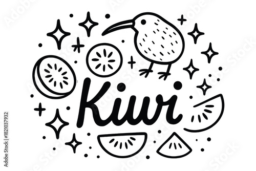 Kiwi Doodle Art. Doodle kiwi with stars, sparkles, and slices, center word “Kiwi” in black and white isolated transparent