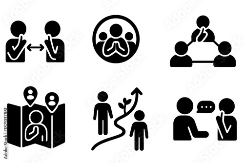 Silence Retreat Icons. Solid style icons of silence retreat community: peer-to-peer icon, group reflection badge, quiet support
