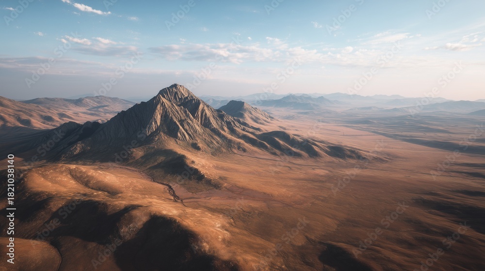 Naklejka premium The aerial view presents a vast, barren landscape dominated by a towering mountain. This rugged mountain stands proudly amid the undulating terrain and expansive, arid surroundings