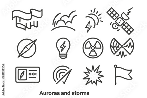 Aurora and Storm Icons. Line style icons of Auroras and Storms: Aurora Ribbon, Geomagnetic Disturbance, Solar Flare, Satellite