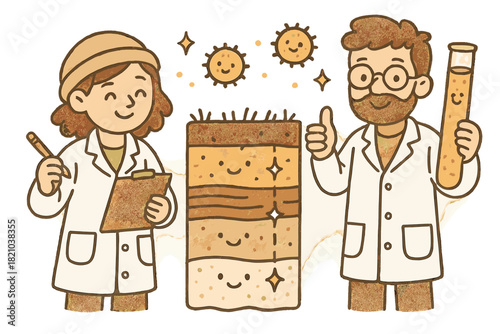 Smiling Scientists' Discovery. Cute doodle reconstructing past environments with smiling scientists, cartoon pollen cores with