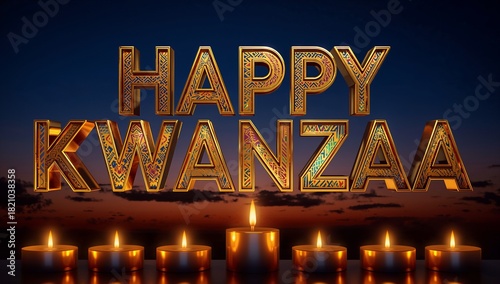 Glowing ornate HAPPY KWANZAA letters casting warm glow on glossy stage at dusk, with seven candles