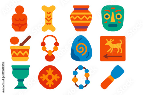 Primitive Artistic Icons. Flat vector icons of early human creativity: sculpture, engraved bone, decorated pottery, ceremonial