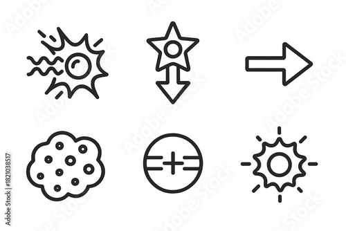 Nucleosynthesis Icons. Line style icons of Nucleosynthesis in Supernovae: stellar shockwave, iron core collapse, r-process arrow,