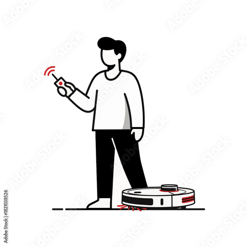 A person controlling a robot vacuum with a remote. Minimalist line art illustration of smart home technology. Household automation concept vector