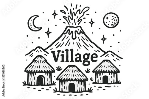 Volcanic Village Fantasy. Hand-drawn volcanic village with moons, huts, and sparkles, center word “Village” in black and white