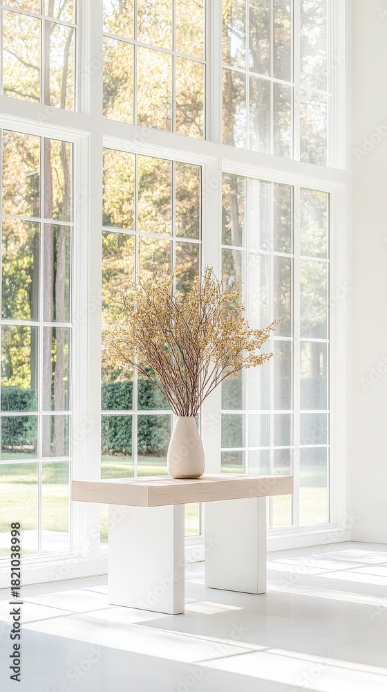 Fototapeta premium Vase with dried branches on minimalist console table in bright room with large windows overlooking trees.