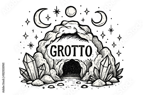 Mystical Gem Grotto. Hand-drawn hidden grotto with moons, gems, and sparkles, center word “Grotto” in black and white isolated