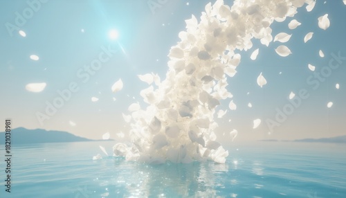 An aerial view of a cluster of white petals floating in the ocean.