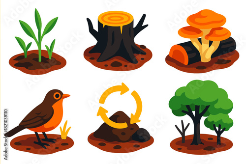 Nature's Renewal Icons. Isometric vector illustration set Post-Fire Regeneration: green shoots sprouting, charred stump, fungi
