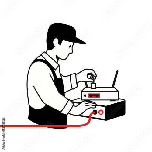 A technician connecting an internet router for network setup. Minimalist line art illustration of a tech support service. Vector graphic isolated on a transparent background
