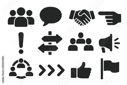 Crowd Behavior Icons. Solid style icons of crowd behavior and social norms: group of people, speech bubble, handshake, pointing