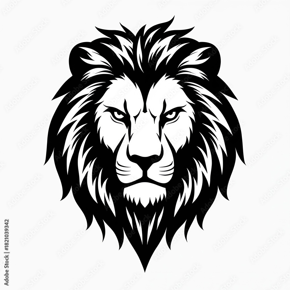 Fototapeta premium Lion head silhouette graphic against white backdrop. Fierce male predator emblem with detailed mane and intense stare. Symbol of power, strength, and royalty for logos, mascots, or designs.