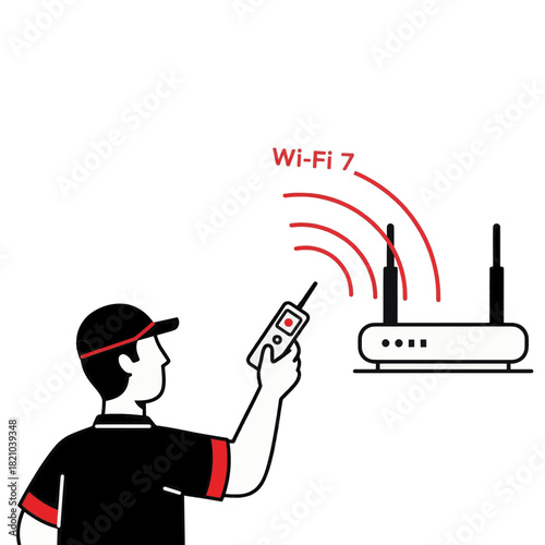 Technician testing a Wi-Fi 7 signal with a router. Line art illustration of wireless network installation. Vector graphic for technology and internet service concepts