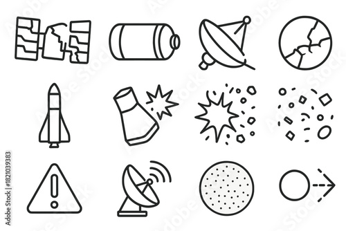 Space Debris Icons. Line style icons of space debris: broken panel, fuel tank, detached antenna, shattered lens; rocket body,