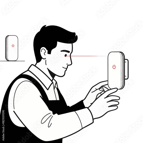 Technician installing a smart home security device. Biometric laser eye scan for network access. Minimalist line art vector illustration