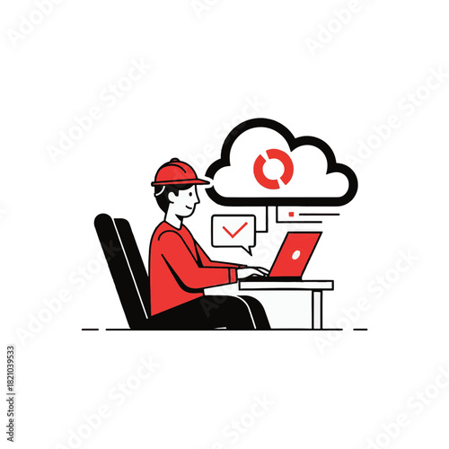 An engineer working on a laptop with a cloud computing platform. Flat line art vector illustration. Data analysis and software development concept