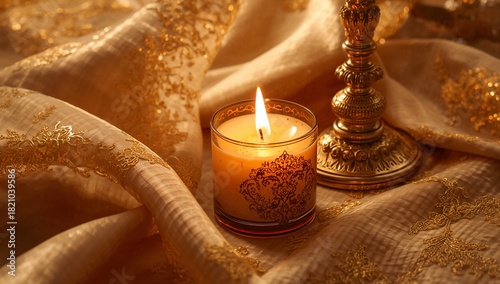 Glowing votive candle sitting on gold brocade fabric with patterned glass holder and gilt pedestal