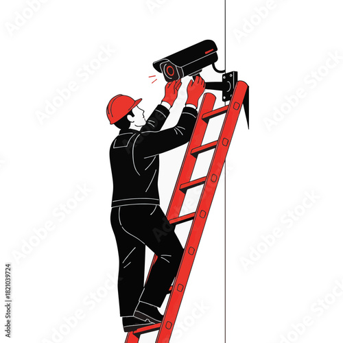 A technician installing a CCTV security camera. Minimalist flat vector illustration of a worker on a ladder providing a surveillance system service.