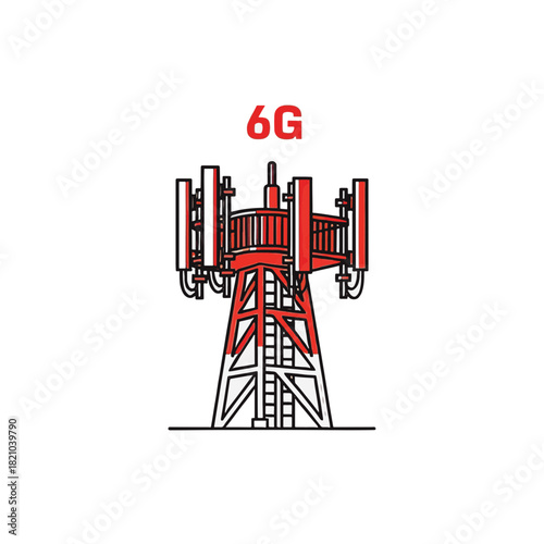 6G telecommunication tower icon. Wireless network infrastructure antenna. Line art vector illustration isolated on transparent background