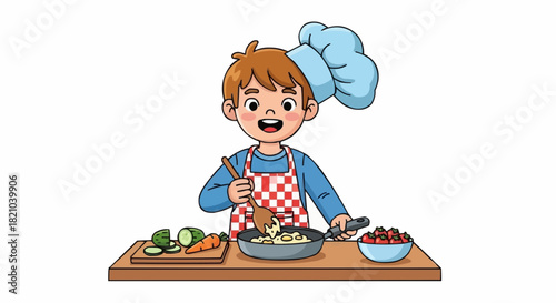 Young Boy Chef Cooking Delicious Food with Joyful Expression.