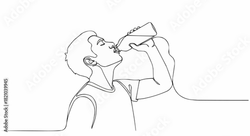 Continuous one line drawing of a young man drinking from a bottle.