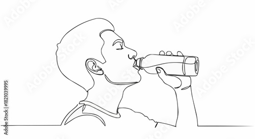 Man drinking from bottle enjoying refreshing beverage in profile view.