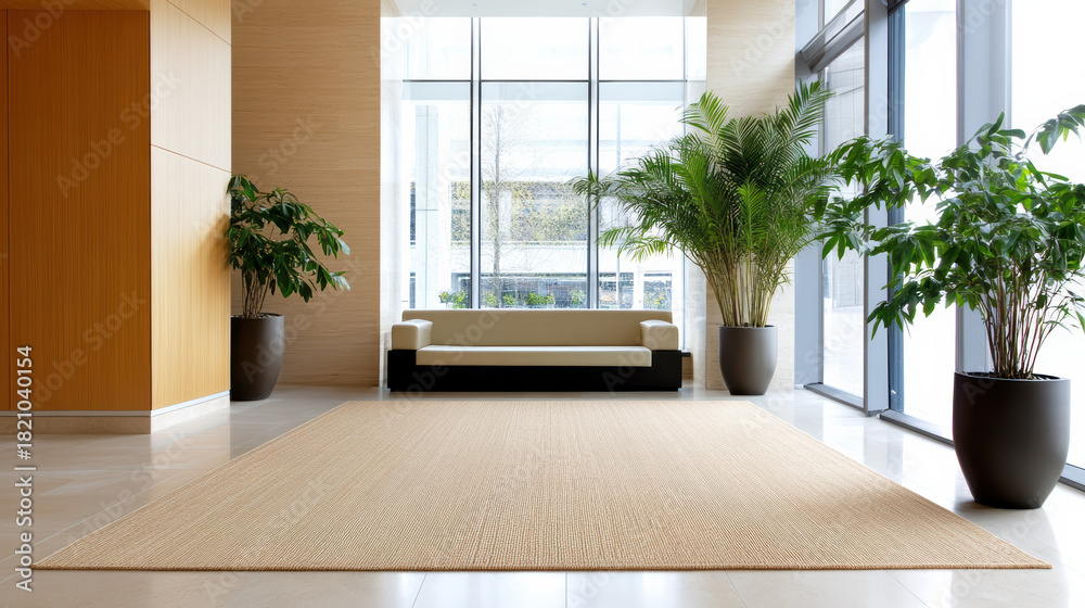 Fototapeta premium Spacious modern lobby sofa plant carpet natural light warm minimal decor