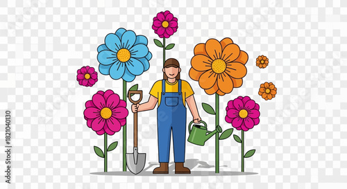 Cartoon gardener tending vibrant flower garden with shovel and watering can in bloom
