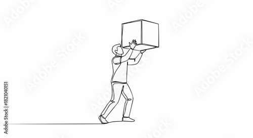 Man carrying a large box in a continuous line drawing style.