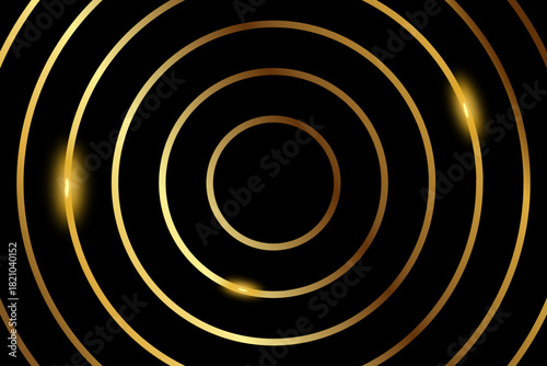 Golden abstract background with glowing circles. Swirl circular lines pattern. Geometric spiral. Twirl element. Modern graphic design. Futuristic technology concept.