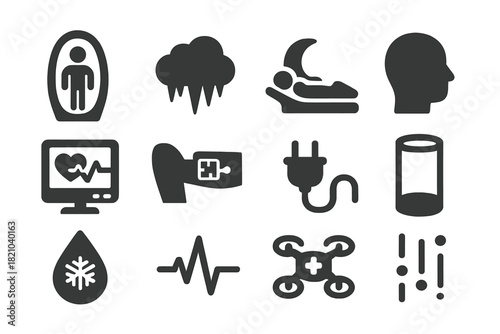 Stasis Technology Icons. Solid style icons of Stasis Technology: Cryo Pod, Cryo Bed, Frost Cloud, Sleeping Patient, Vital Screen,
