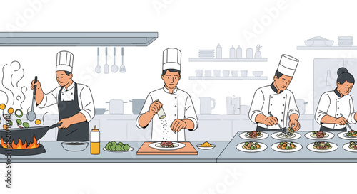 Culinary team preparing gourmet dishes in professional kitchen, chefs working hard on meal prep and plating, restaurant industry illustration
