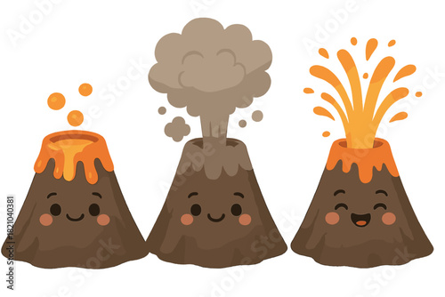 Happy Volcano Eruptions. Different eruption types shown as happy volcano characters—gently bubbling, ash puffing, and lava