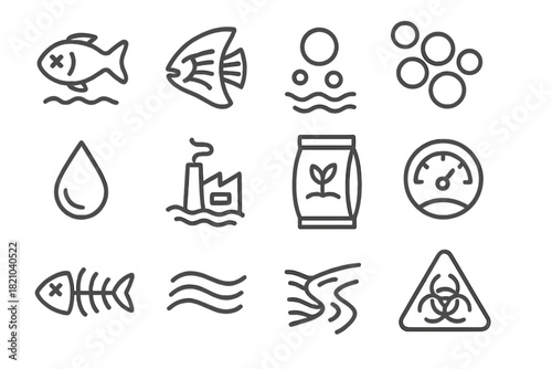 Oceanic Hypoxia Icons. Line style icons of Oceanic Hypoxia: Dead Zone, Fish Gill, Low Oxygen, Nutrient Runoff; Algae Cluster,