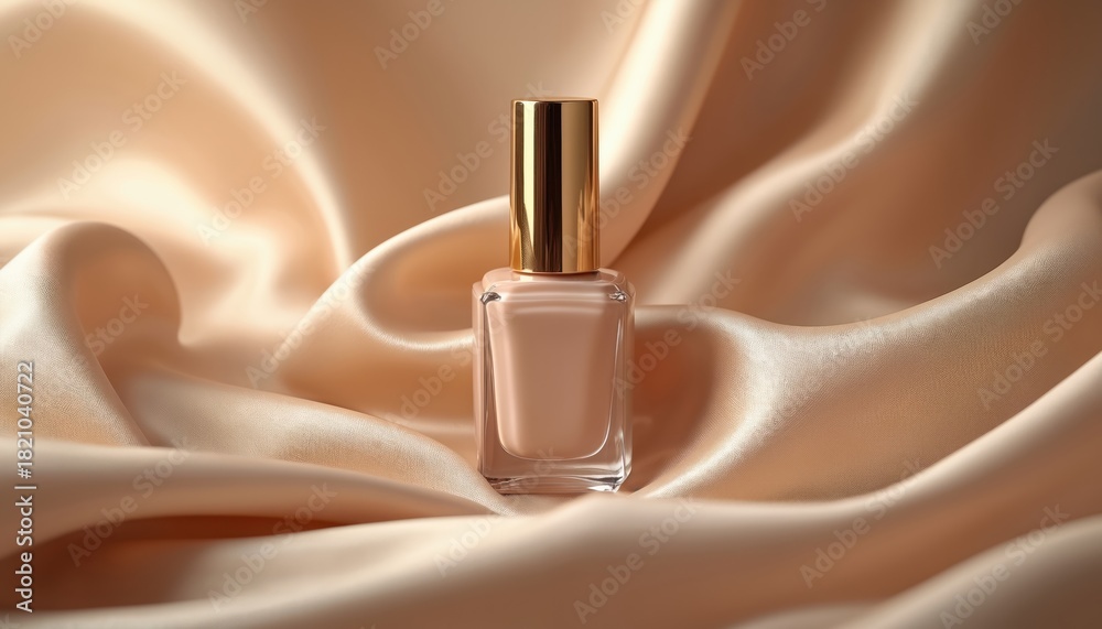 Naklejka premium Nude nail polish bottle sits on silk fabric. Golden cap gives luxury look. Soft fabric creates smooth background. Product photo beauty makeup is ideal for fashion.