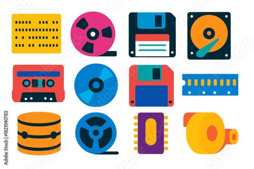 Data Storage Evolution Icons. Flat vector icons of Data Storage History: punch card, tape reel, floppy disk, hard drive platter,