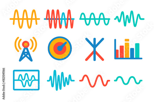 Analog Modulation Icons. Flat vector icons of Analog Modulation: AM waveform, FM waveform, carrier signal wave, information signal