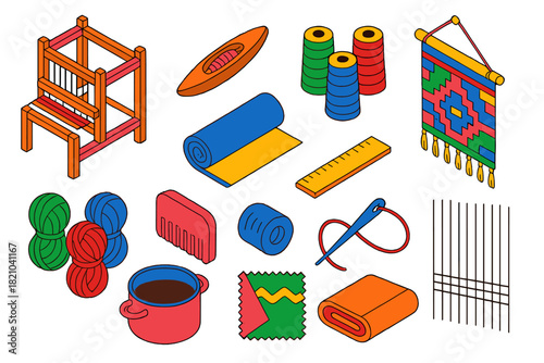Artisan Weaving Tools. Isometric vector illustration set Artisan Weaving: loom frame, shuttle boat tool, colored thread reels,