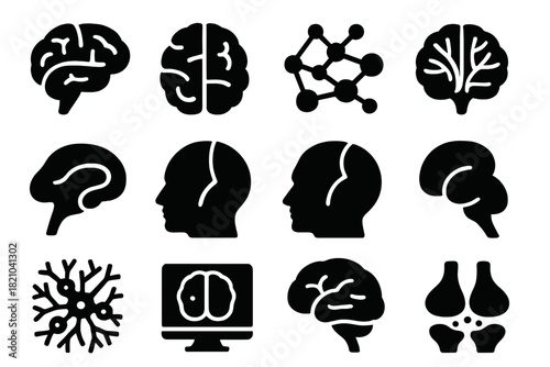 Brain Mapping Icons. Solid style icons of Brain mapping: cortical areas, lobe diagram, neural network, cerebellum, hippocampus,
