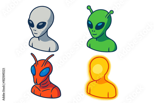 Classic Alien Archetypes. Isometric vector illustration set Classic Alien Archetypes: Grey alien bust, green-skinned being,