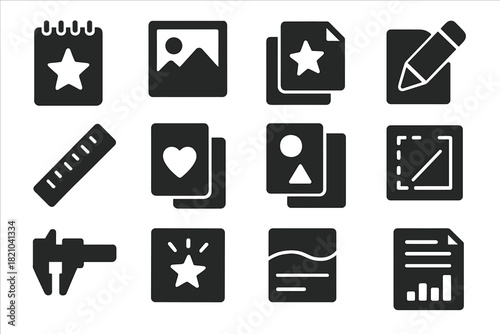 Artistic Workflow Icons. Solid style icons of Artistic workflow: sketchpad, reference photo, tracing paper, pencil, ruler,