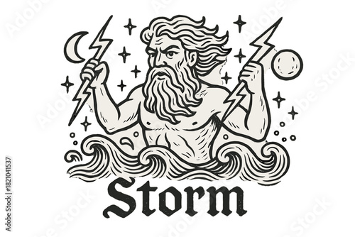 Storm God Illustration. Hand-drawn storm god with moons, waves, and sparkles, center word “Storm” in black and white isolated